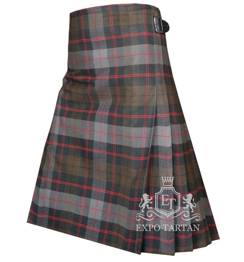 Men's Guthrie Weathered Tartan Kilt showing traditional knife pleats and black leather side straps in a rustic slate grey and brown sett, intricately intersected by dark charcoal bands and striking red overchecks