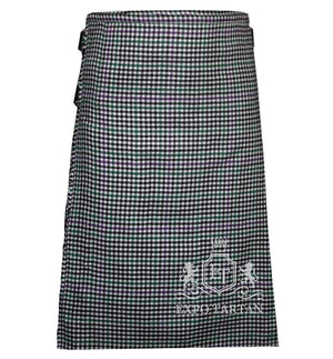 Men's Halliday Tartan Kilt showing traditional knife pleats and black leather side straps in a classic black and white check pattern, intricately intersected by subtle green and purple overchecks