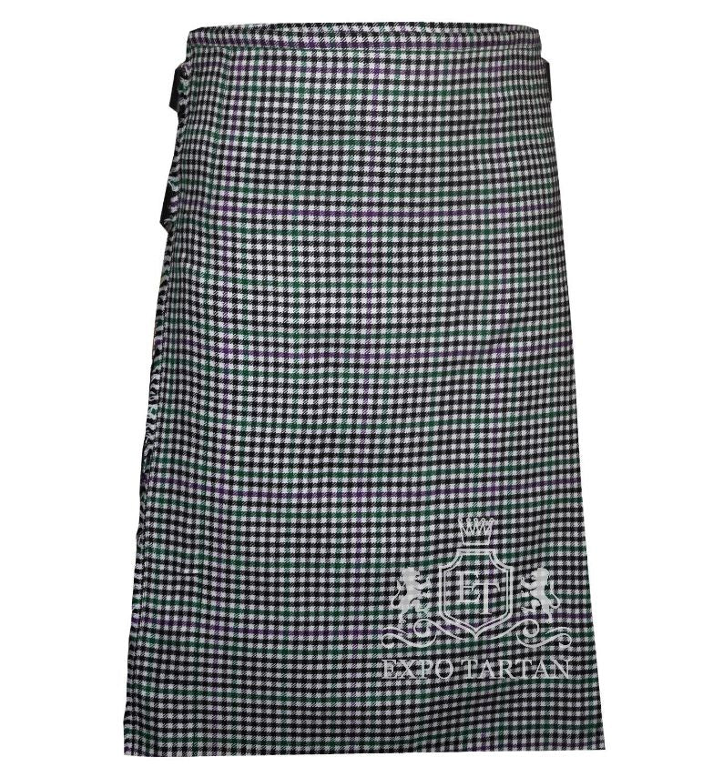 Men's Halliday Tartan Kilt showing traditional knife pleats and black leather side straps in a classic black and white check pattern, intricately intersected by subtle green and purple overchecks