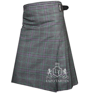 Men's Halliday Tartan Kilt showing traditional knife pleats and black leather side straps in a classic black and white check pattern, intricately intersected by subtle green and purple overchecks