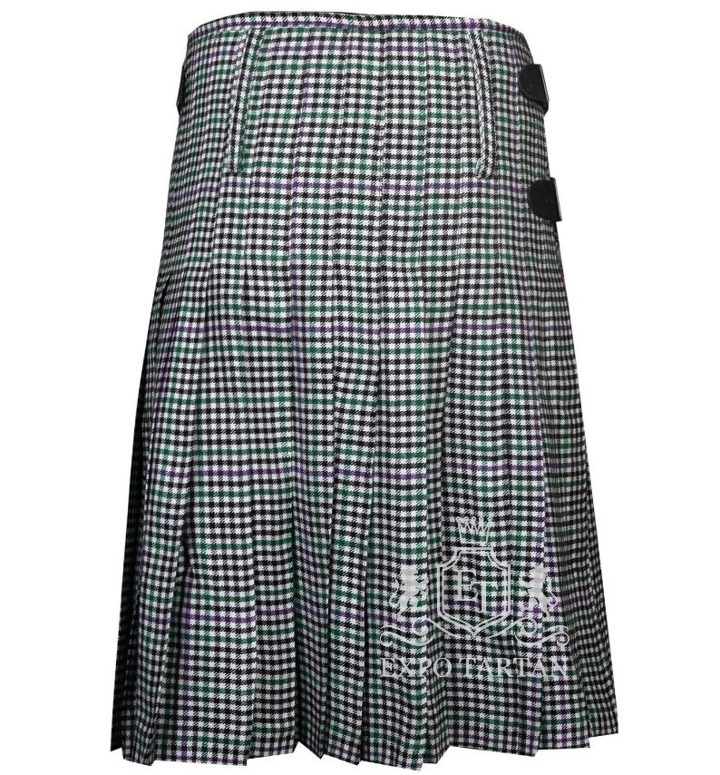 Men's Halliday Tartan Kilt showing traditional knife pleats and black leather side straps in a classic black and white check pattern, intricately intersected by subtle green and purple overchecks