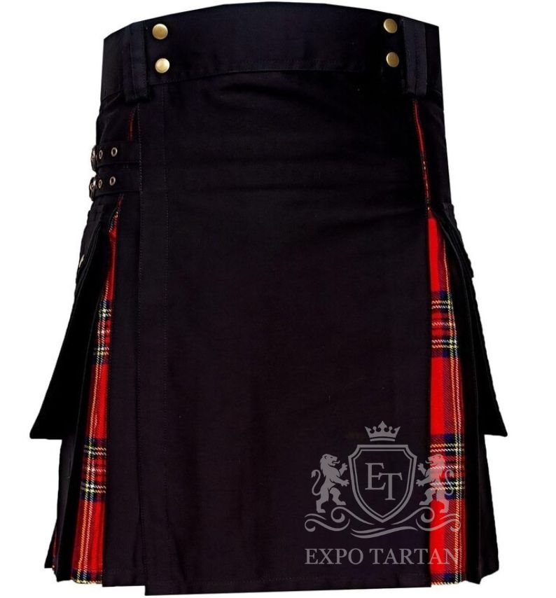 Handmade Black Hybrid Utility Kilt Royal Stewart Tartan with Cargo Pockets