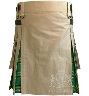 Handmade Irish Green Tartan Hybrid Kilt Khaki Utility with Cargo Pockets