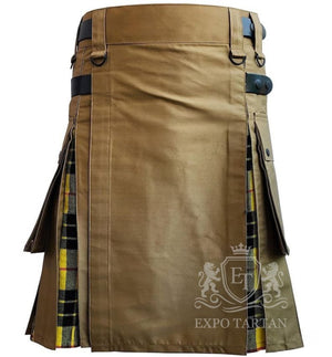 Handmade Khaki Hybrid Utility Kilt MacLeod of Lewis Tartan Pleats