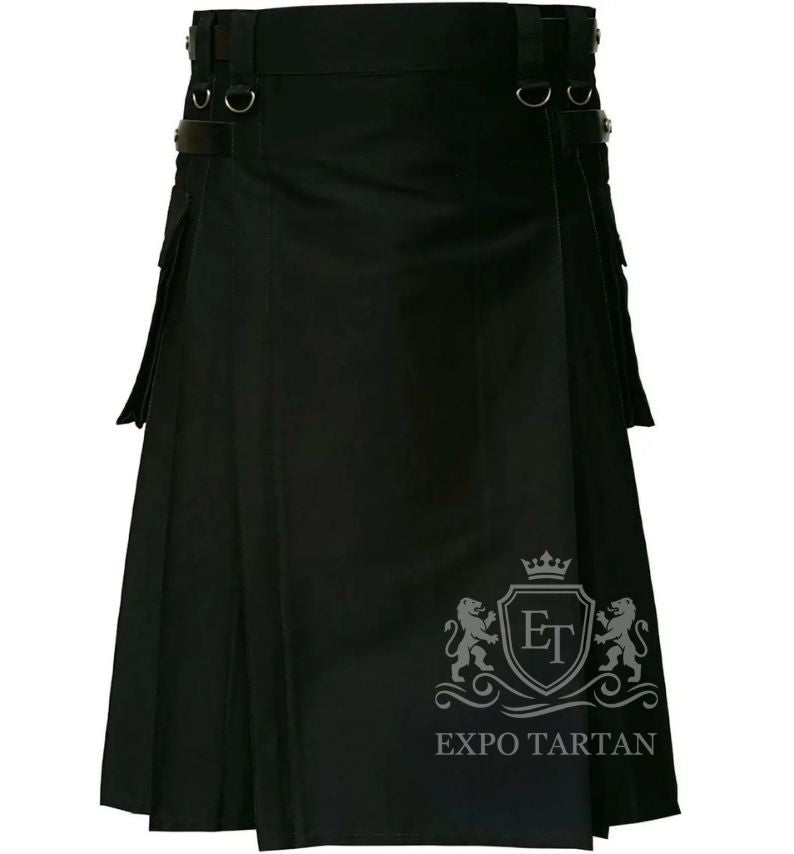 Black Long Cotton Utility Deluxe Kilt