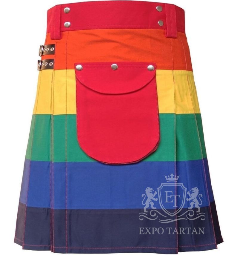 Handmade Rainbow Pride Utility Kilt with Detachable Pocket — Cotton Hybrid | Men's Festival Kilt | LGBTQ+ Pride Wear