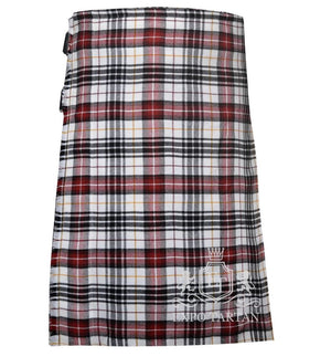 Men's Hannay Dress Tartan Kilt showing traditional knife pleats and black leather side straps in a crisp white sett, intricately intersected by red and black bands with yellow overcheck