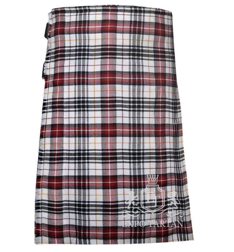 Men's Hannay Dress Tartan Kilt showing traditional knife pleats and black leather side straps in a crisp white sett, intricately intersected by red and black bands with yellow overcheck