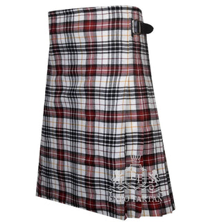Men's Hannay Dress Tartan Kilt showing traditional knife pleats and black leather side straps in a crisp white sett, intricately intersected by red and black bands with yellow overcheck