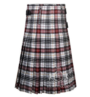 Men's Hannay Dress Tartan Kilt showing traditional knife pleats and black leather side straps in a crisp white sett, intricately intersected by red and black bands with yellow overcheck