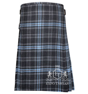 Men's Hebridean Ice Tartan Kilt showing traditional knife pleats and black leather side straps in a cool grey and charcoal sett, intricately intersected by solid black bands and striking icy blue overchecks