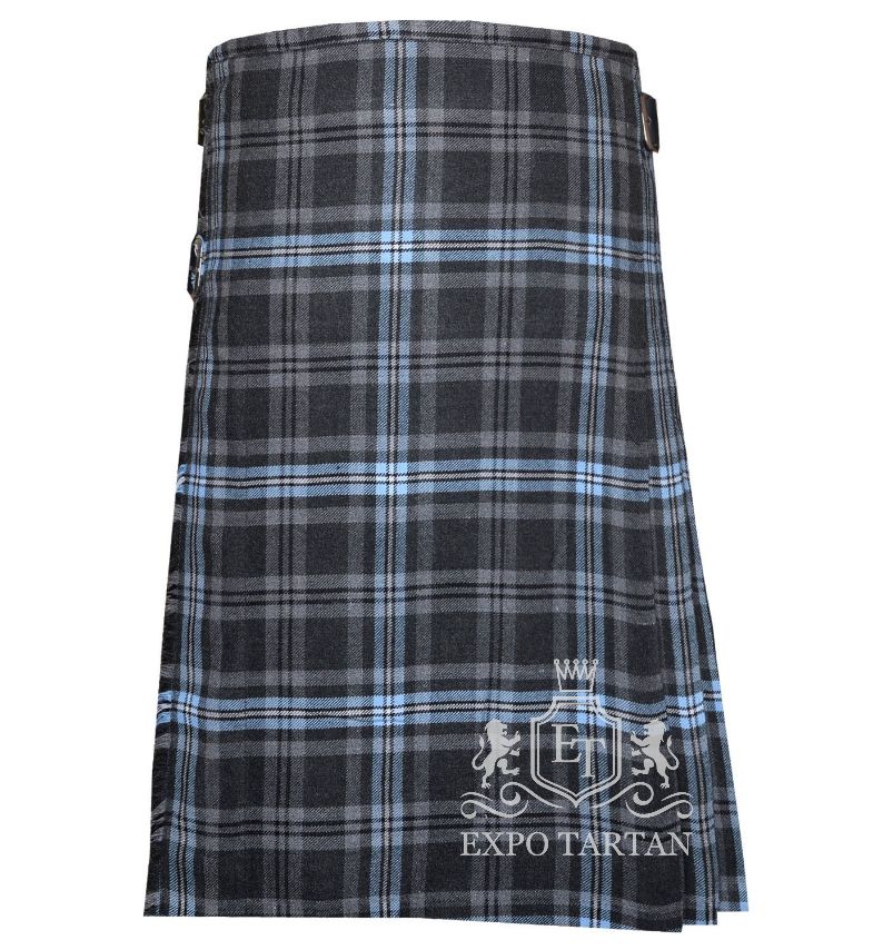 Men's Hebridean Ice Tartan Kilt showing traditional knife pleats and black leather side straps in a cool grey and charcoal sett, intricately intersected by solid black bands and striking icy blue overchecks