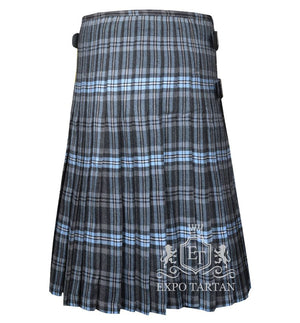 Men's Hebridean Ice Tartan Kilt showing traditional knife pleats and black leather side straps in a cool grey and charcoal sett, intricately intersected by solid black bands and striking icy blue overchecks