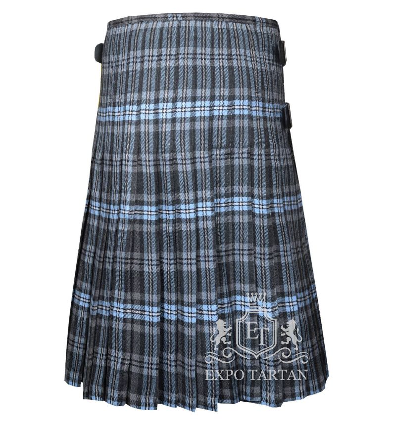Men's Hebridean Ice Tartan Kilt showing traditional knife pleats and black leather side straps in a cool grey and charcoal sett, intricately intersected by solid black bands and striking icy blue overchecks