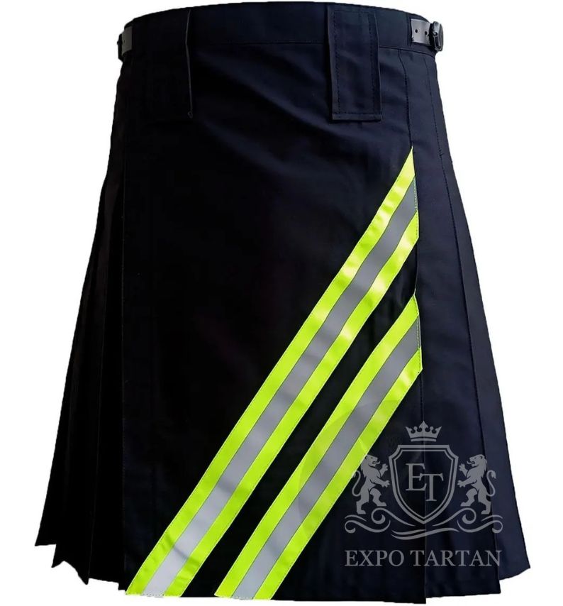 Hi-Vis Reflective Utility Kilt — Black Cotton Firefighter Workwear Kilt | Expo Tartan