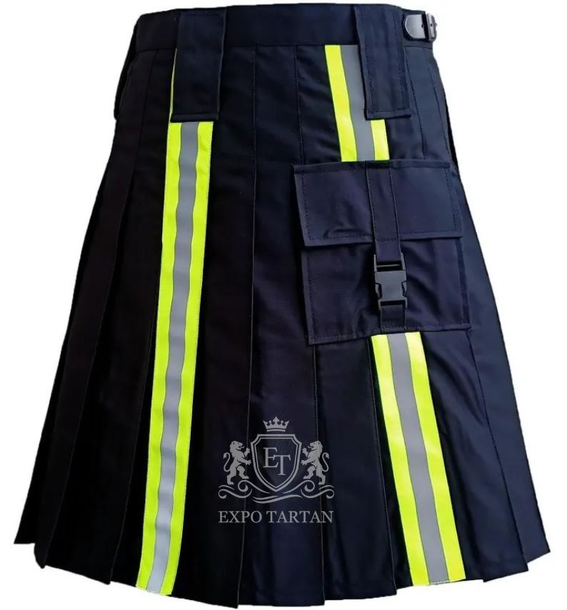 Hi-Vis Reflective Utility Kilt — Black Cotton Firefighter Workwear Kilt | Expo Tartan