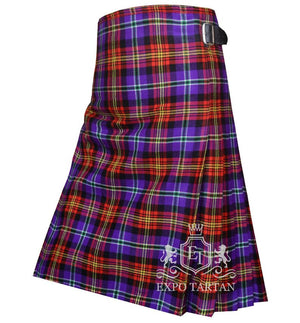 Men's Raymond Lee Hines Sr. Tartan Kilt showing traditional knife pleats and black leather side straps in a vibrant purple and red sett, intricately intersected by black bands and bright yellow and green overcheck