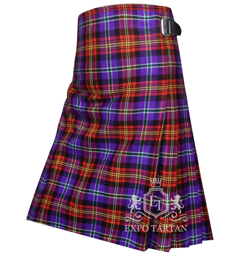 Men's Raymond Lee Hines Sr. Tartan Kilt showing traditional knife pleats and black leather side straps in a vibrant purple and red sett, intricately intersected by black bands and bright yellow and green overcheck