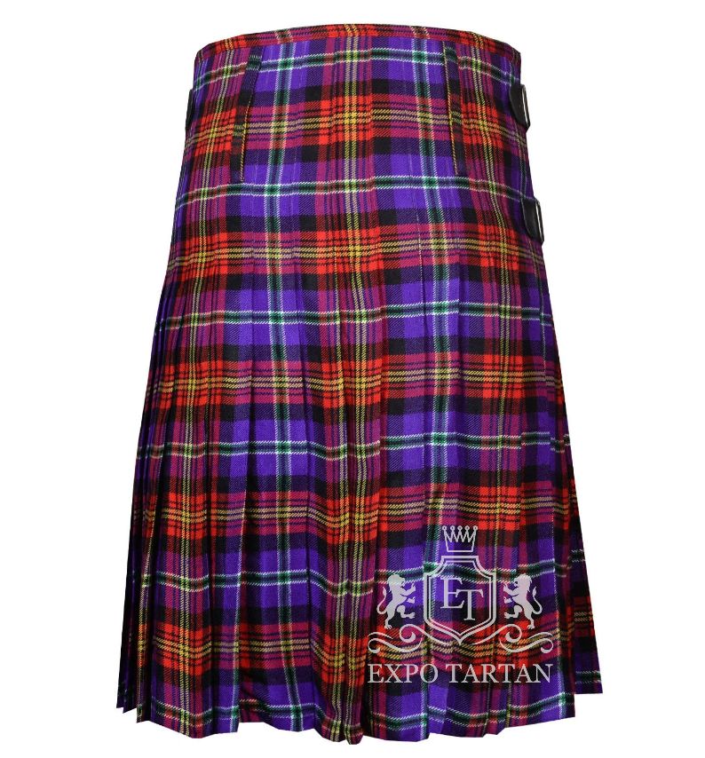 Men's Raymond Lee Hines Sr. Tartan Kilt showing traditional knife pleats and black leather side straps in a vibrant purple and red sett, intricately intersected by black bands and bright yellow and green overcheck