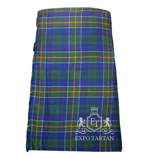 Men's Hunter of Hunterston Tartan Kilt showing traditional knife pleats and black leather side straps in a vibrant royal blue and forest green sett, intricately intersected by red, yellow, and white lines