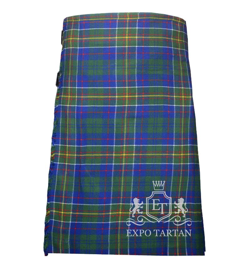 Men's Hunter of Hunterston Tartan Kilt showing traditional knife pleats and black leather side straps in a vibrant royal blue and forest green sett, intricately intersected by red, yellow, and white lines