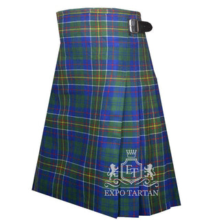 Men's Hunter of Hunterston Tartan Kilt showing traditional knife pleats and black leather side straps in a vibrant royal blue and forest green sett, intricately intersected by red, yellow, and white lines
