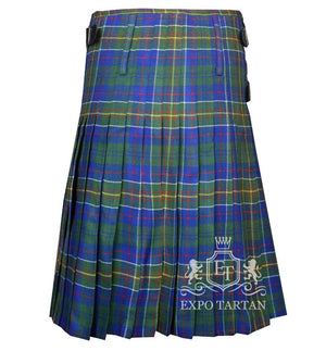 Men's Hunter of Hunterston Tartan Kilt showing traditional knife pleats and black leather side straps in a vibrant royal blue and forest green sett, intricately intersected by red, yellow, and white lines
