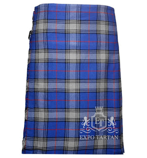 Men's Kinnaird Tartan Kilt showing traditional knife pleats and black leather side straps in a vibrant blue and light grey sett, intricately intersected by black bands and bright red overcheck
