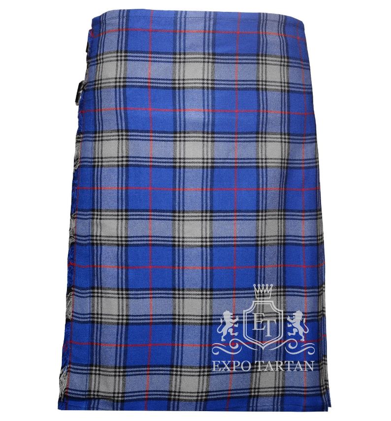 Men's Kinnaird Tartan Kilt showing traditional knife pleats and black leather side straps in a vibrant blue and light grey sett, intricately intersected by black bands and bright red overcheck