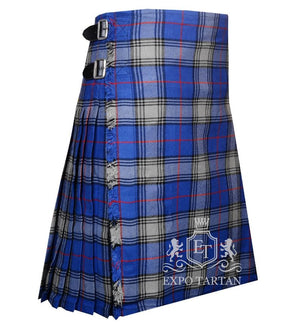 Men's Kinnaird Tartan Kilt showing traditional knife pleats and black leather side straps in a vibrant blue and light grey sett, intricately intersected by black bands and bright red overcheck