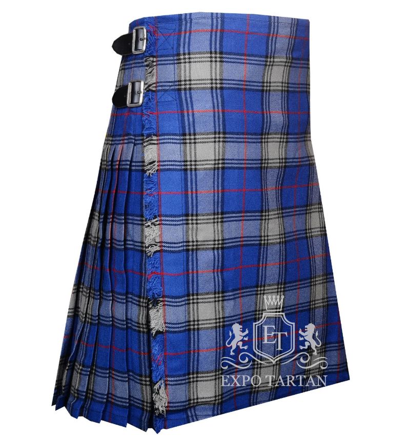 Men's Kinnaird Tartan Kilt showing traditional knife pleats and black leather side straps in a vibrant blue and light grey sett, intricately intersected by black bands and bright red overcheck