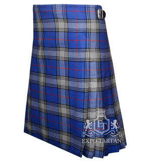 Men's Kinnaird Tartan Kilt showing traditional knife pleats and black leather side straps in a vibrant blue and light grey sett, intricately intersected by black bands and bright red overcheck
