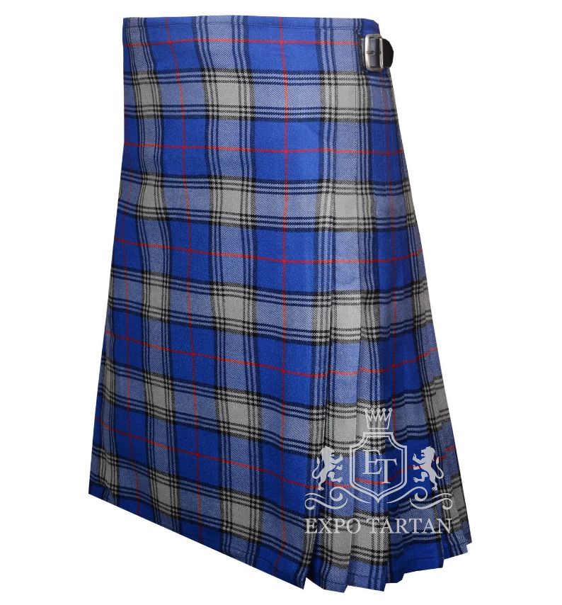 Men's Kinnaird Tartan Kilt showing traditional knife pleats and black leather side straps in a vibrant blue and light grey sett, intricately intersected by black bands and bright red overcheck