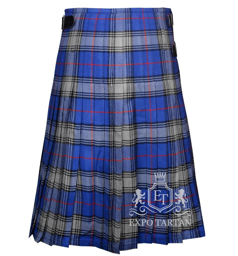 Men's Kinnaird Tartan Kilt showing traditional knife pleats and black leather side straps in a vibrant blue and light grey sett, intricately intersected by black bands and bright red overcheck