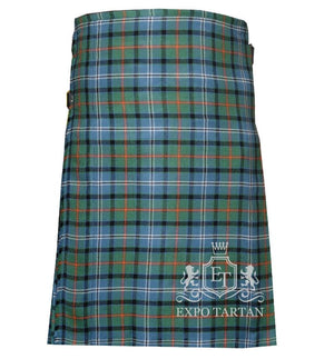 Men's Knights Breton Tartan Kilt showing traditional knife pleats in a light blue and green sett, intricately intersected by black bands and vibrant orange overchecks