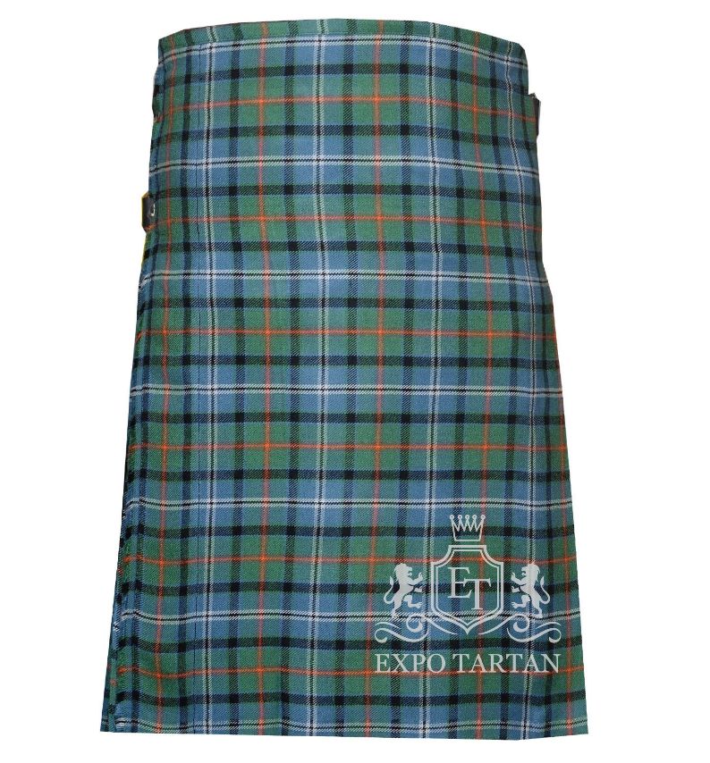 Men's Knights Breton Tartan Kilt showing traditional knife pleats in a light blue and green sett, intricately intersected by black bands and vibrant orange overchecks