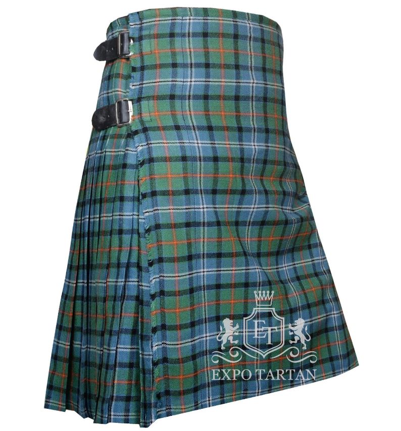 Men's Knights Breton Tartan Kilt showing traditional knife pleats in a light blue and green sett, intricately intersected by black bands and vibrant orange overchecks