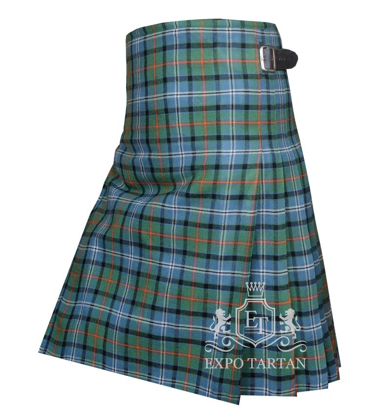Men's Knights Breton Tartan Kilt showing traditional knife pleats in a light blue and green sett, intricately intersected by black bands and vibrant orange overchecks
