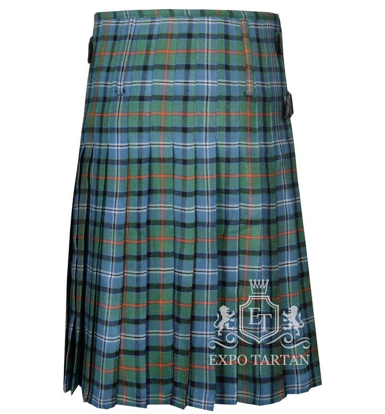 Men's Knights Breton Tartan Kilt showing traditional knife pleats in a light blue and green sett, intricately intersected by black bands and vibrant orange overchecks
