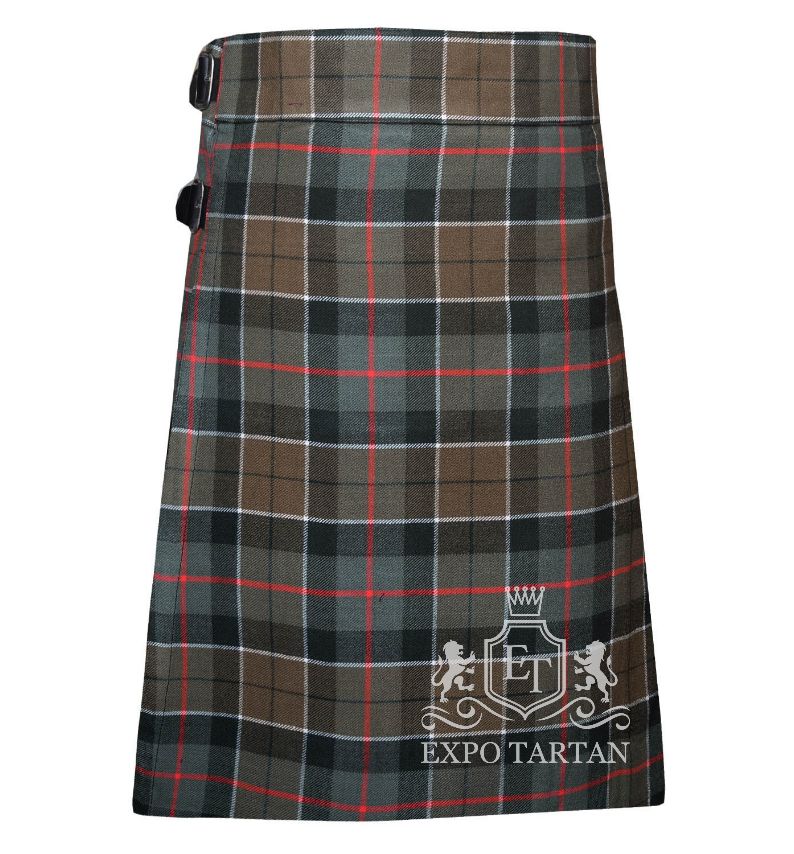 Men's Leslie Green Weathered Tartan Kilt showing traditional knife pleats and black leather side straps in a muted brown and grey-green sett, intricately intersected by dark bands and bright red and white overchecks