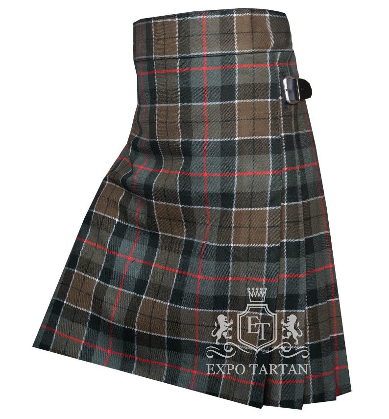 Men's Leslie Green Weathered Tartan Kilt showing traditional knife pleats and black leather side straps in a muted brown and grey-green sett, intricately intersected by dark bands and bright red and white overchecks