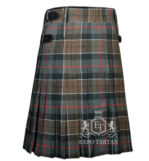 Men's Leslie Green Weathered Tartan Kilt showing traditional knife pleats and black leather side straps in a muted brown and grey-green sett, intricately intersected by dark bands and bright red and white overchecks