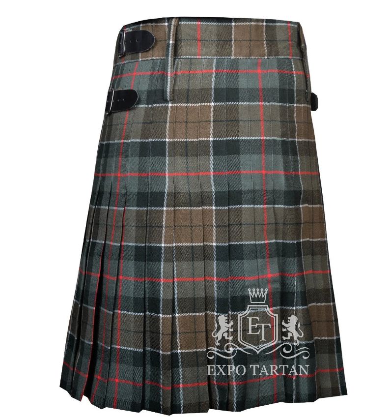 Men's Leslie Green Weathered Tartan Kilt showing traditional knife pleats and black leather side straps in a muted brown and grey-green sett, intricately intersected by dark bands and bright red and white overchecks