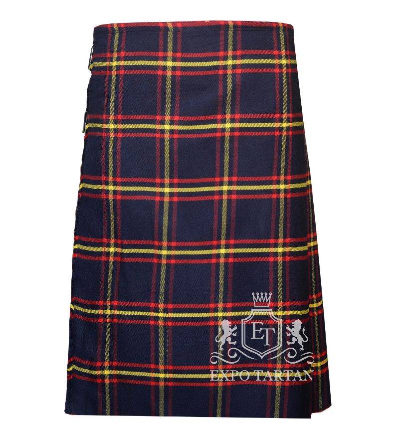 Men's MacLaine of Lochbuie Modern Tartan Kilt showing traditional knife pleats and black leather side straps in a dark navy sett, intricately intersected by bright red and yellow overcheck