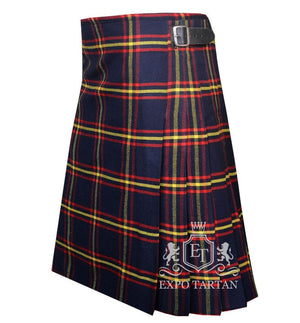 Men's MacLaine of Lochbuie Modern Tartan Kilt showing traditional knife pleats and black leather side straps in a dark navy sett, intricately intersected by bright red and yellow overcheck