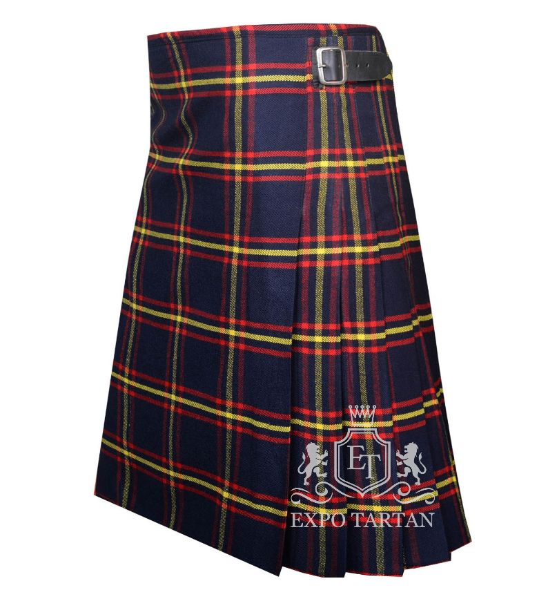 Men's MacLaine of Lochbuie Modern Tartan Kilt showing traditional knife pleats and black leather side straps in a dark navy sett, intricately intersected by bright red and yellow overcheck