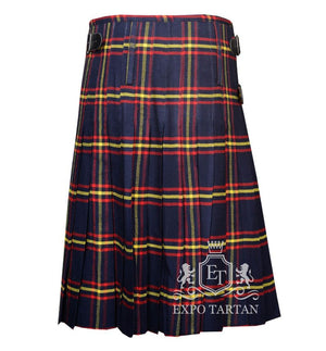 Men's MacLaine of Lochbuie Modern Tartan Kilt showing traditional knife pleats and black leather side straps in a dark navy sett, intricately intersected by bright red and yellow overcheck