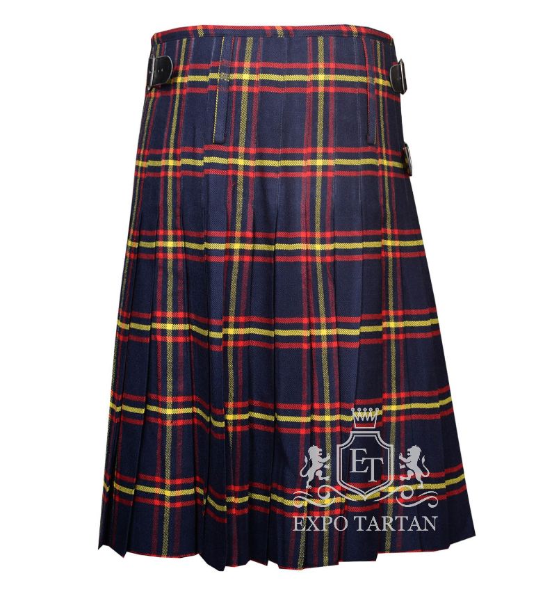 Men's MacLaine of Lochbuie Modern Tartan Kilt showing traditional knife pleats and black leather side straps in a dark navy sett, intricately intersected by bright red and yellow overcheck