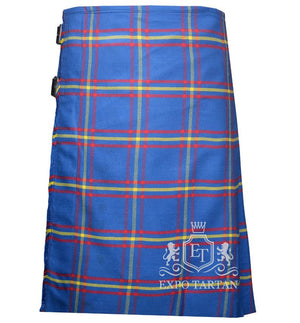Custom MacLaine of Lochbuie Ancient Tartan Kilt featuring a bright blue, red, and yellow plaid pattern