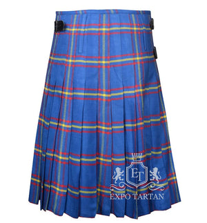 Custom MacLaine of Lochbuie Ancient Tartan Kilt featuring a bright blue, red, and yellow plaid pattern